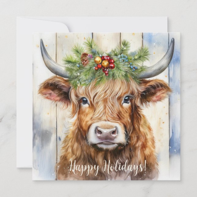 Festive Highland Cow Christmas Holiday Card (Front)