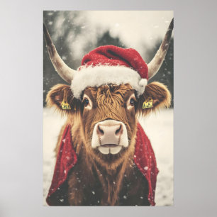 Festive Highland Cow Christmas Print, Holiday Poster