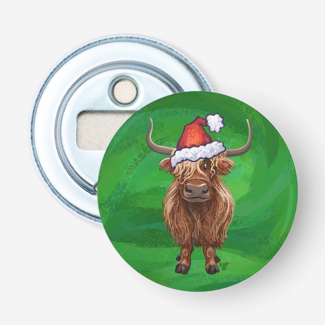 Festive Highland Cow On Green Bottle Opener (Front)