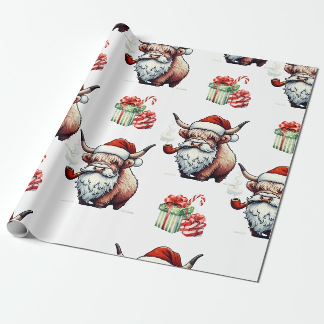 Festive Highland Cow Santa Christmas Wrapping Paper (Unrolled)