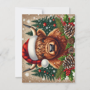 Festive Highland Cow Wearing Santa Hat Holiday Card