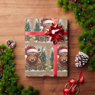Festive Highland Cow Wearing Santa Hat Wrapping Paper