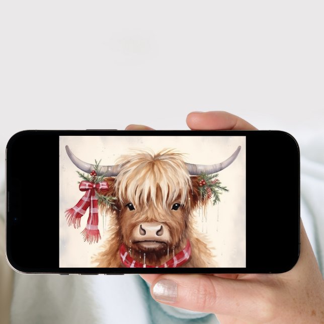 Festive Highland Cow with Plaid Scarf  Holiday Card (Front Digital)