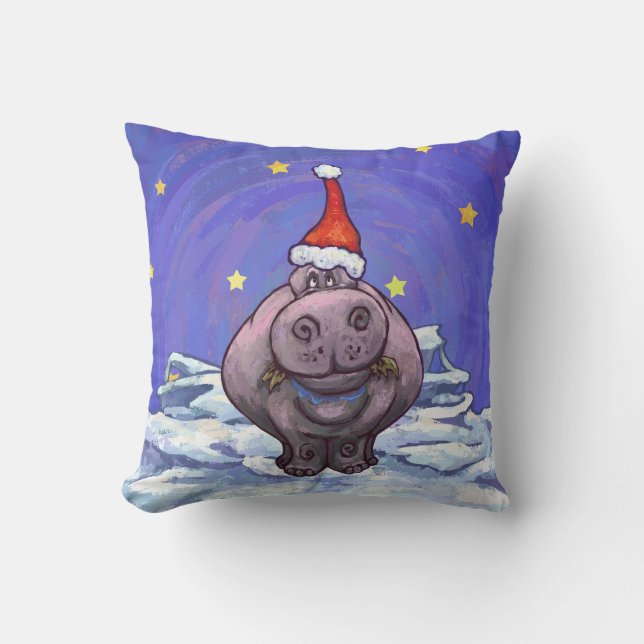 Festive Hippo Holiday Throw Pillow (Front)