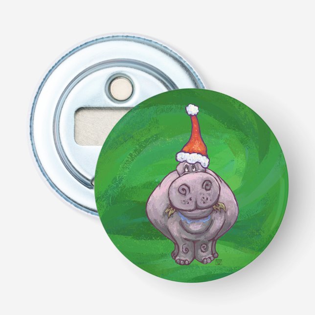 Festive Hippo On Green Bottle Opener (Front)