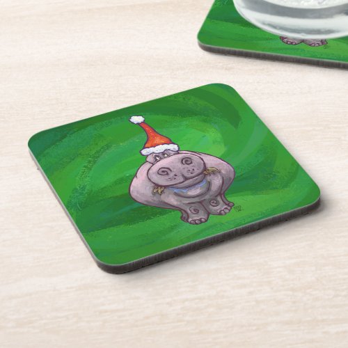 Festive Hippo On Green Coaster