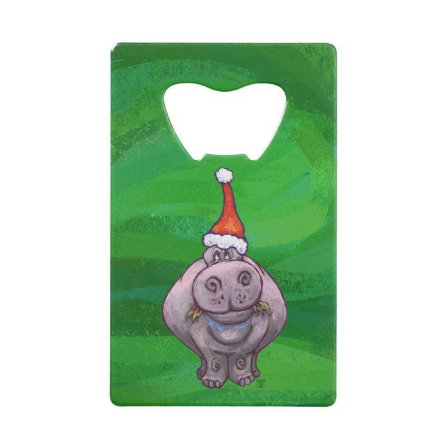 Festive Hippo On Green Credit Card Bottle Opener (Front)