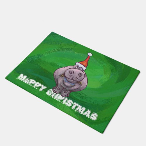 Festive Hippo On Green Doormat