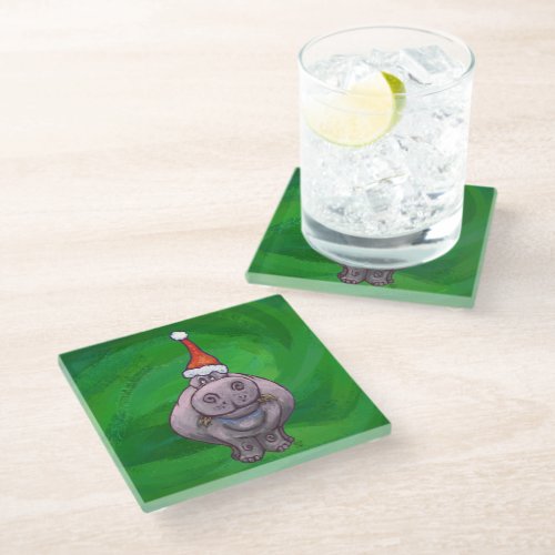 Festive Hippo On Green Glass Coaster