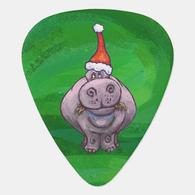 Festive Hippo On Green Guitar Pick (Front)