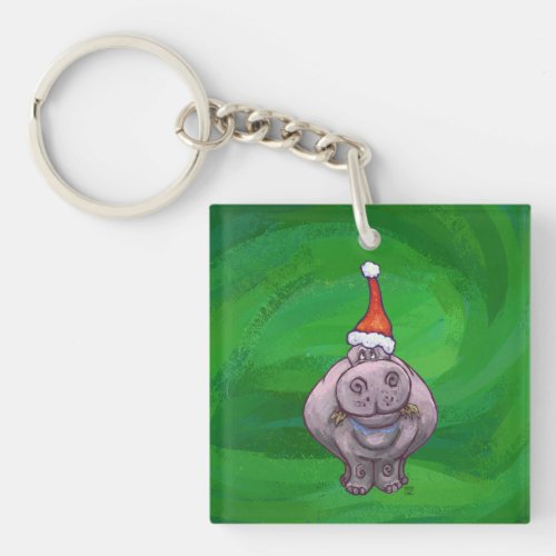 Festive Hippo On Green Keychain