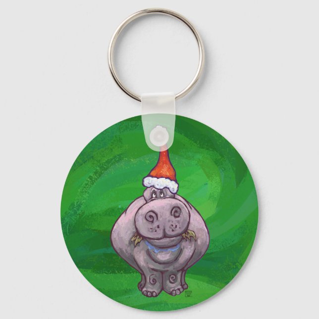 Festive Hippo On Green Keychain (Front)
