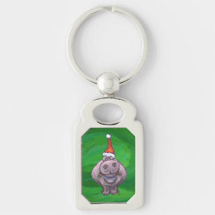 Festive Hippo On Green Keychain