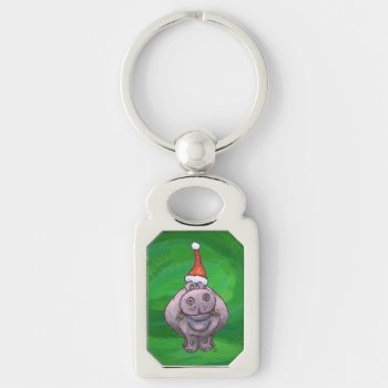 Festive Hippo On Green Keychain by AnimalParade at Zazzle