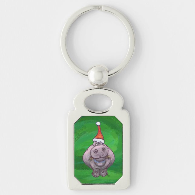 Festive Hippo On Green Keychain (Front)