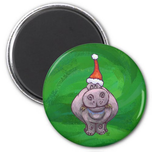 Festive Hippo On Green Magnet