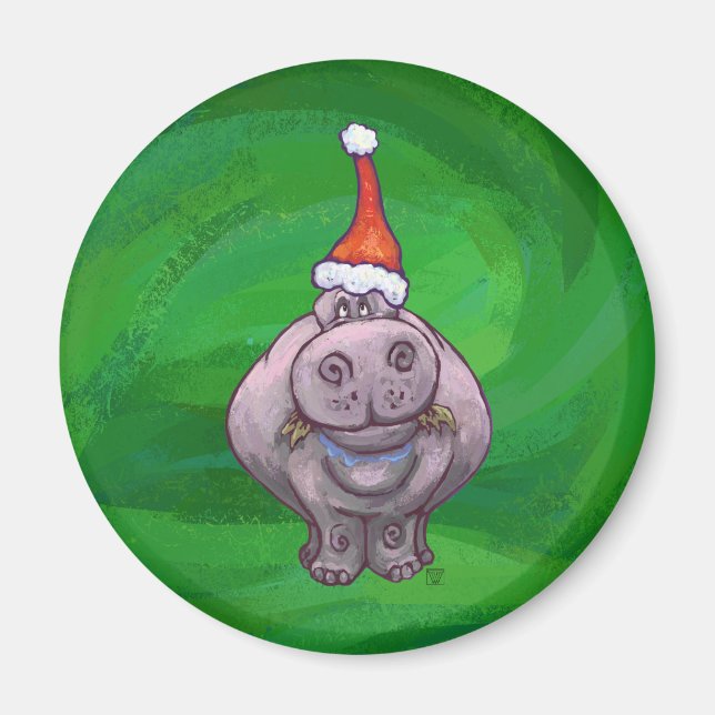 Festive Hippo On Green Magnet (Front)