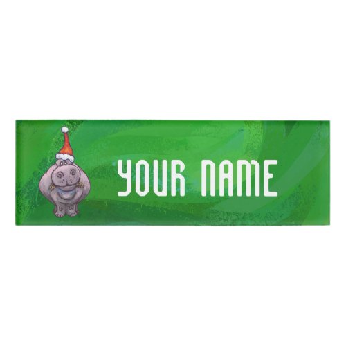 Festive Hippo On Green Name Tag
