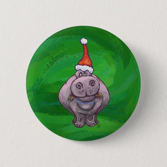 Festive Hippo On Green Pinback Button (Front)
