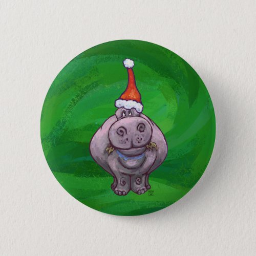 Festive Hippo On Green Pinback Button