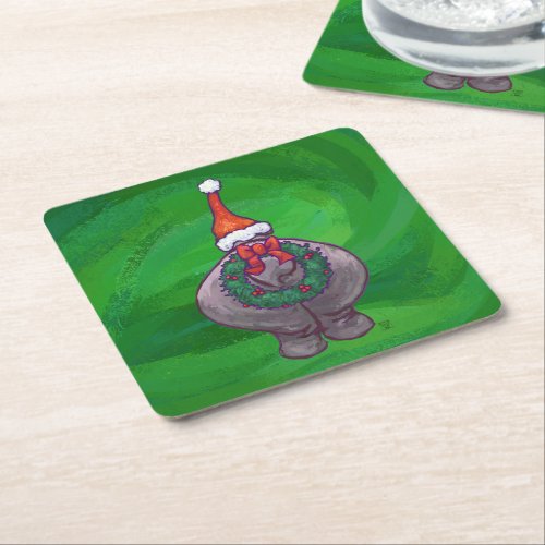 Festive Hippo On Green Square Paper Coaster
