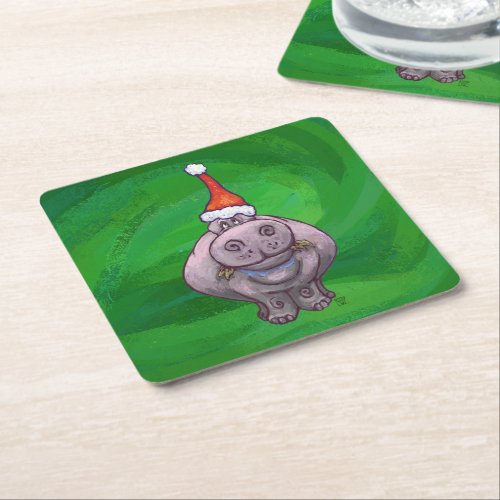 Festive Hippo On Green Square Paper Coaster