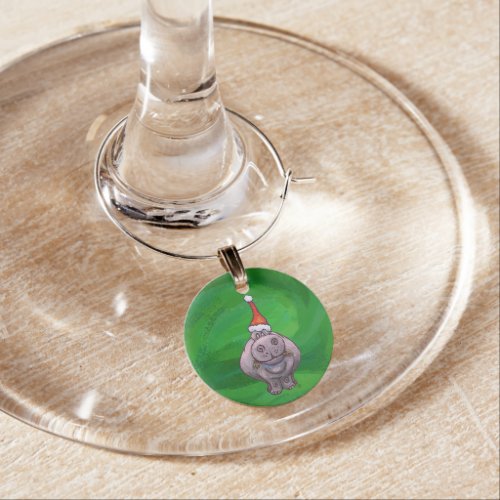 Festive Hippo On Green Wine Glass Charm