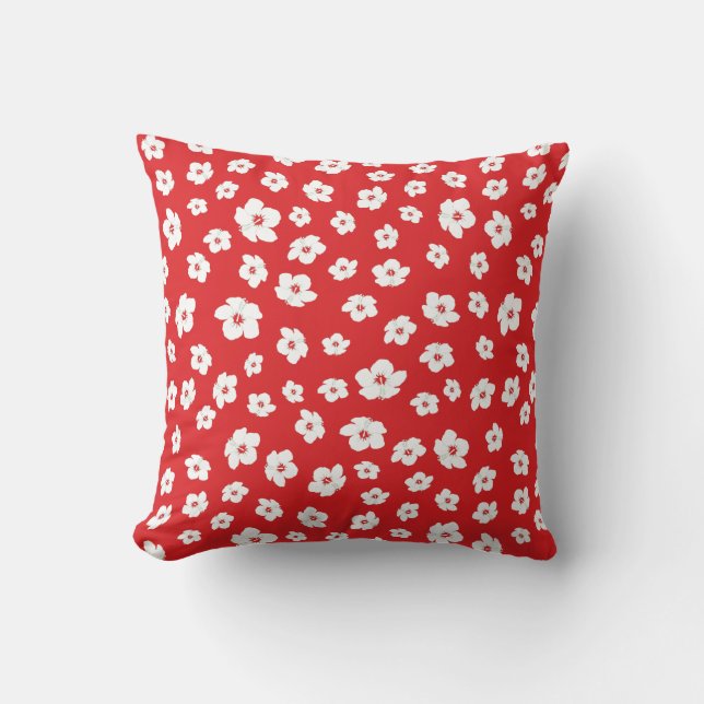 Festive Holiay Christmas Red White Hibiscus Flower Throw Pillow (Front)