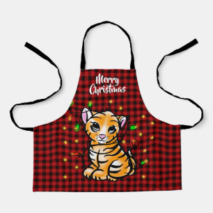 Festive Holiday baby tiger, light, red plaid Apro Apron