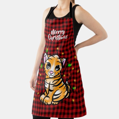 Festive Holiday baby tiger light red plaid  Apron