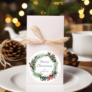 Festive Holiday Berry Wreath with Name Classic Round Sticker