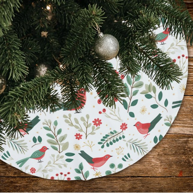 Festive Holiday Birds Green Holly Red Berries  Brushed Polyester Tree Skirt (Creator Uploaded)