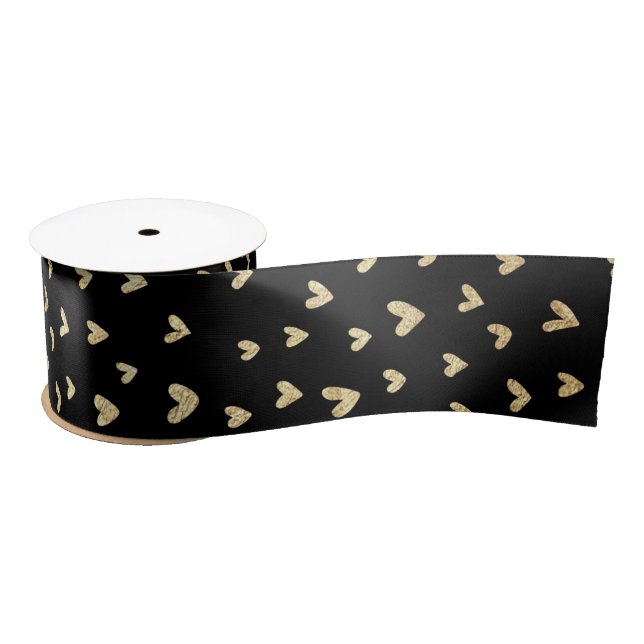 Festive Holiday Black Gold Hearts Satin Ribbon (Spool)