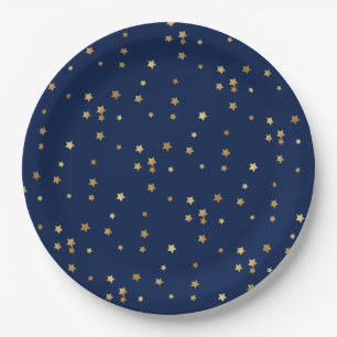 Festive Holiday Blue & Glittery Gold Stars Paper Plates