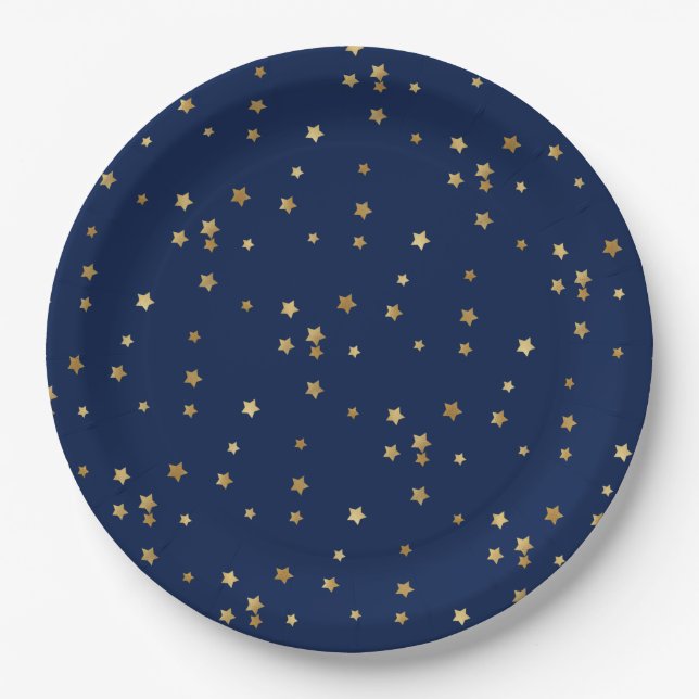 Festive Holiday Blue & Glittery Gold Stars Paper Plates (Front)