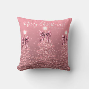 Festive Holiday Blush Pink Christmas Trees Name Throw Pillow