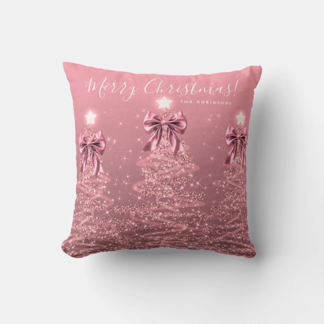 Festive Holiday Blush Pink Christmas Trees Name Throw Pillow (Front)