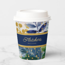 Festive Holiday Botanical Blue & Gold Sparkle Paper Cups