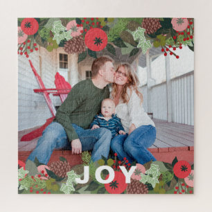Festive Holiday Botanical Joy Type Christmas Photo Jigsaw Puzzle