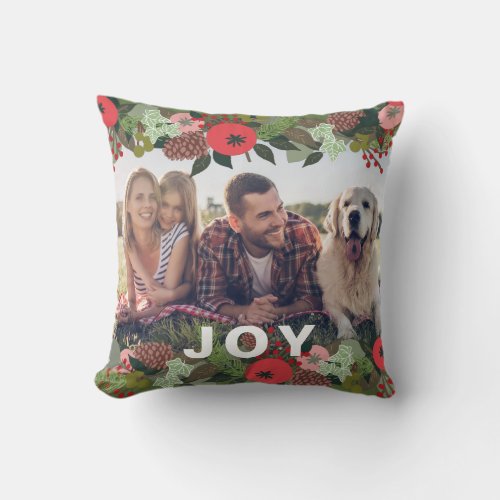 Festive Holiday Botanical Joy Type Christmas Photo Throw Pillow