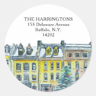 Festive Holiday Brownstone Elegant Return Address Classic Round Sticker