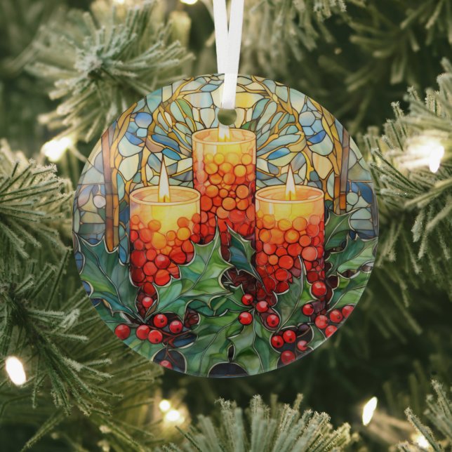 Festive holiday candles glass ornament (Insitu)