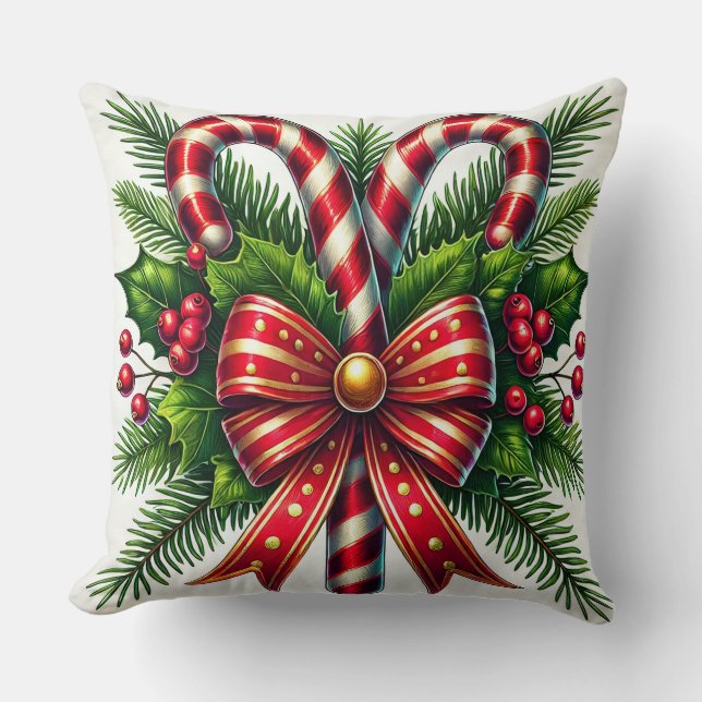 Festive Holiday Candy Canes with Holly Throw Pillow (Front)
