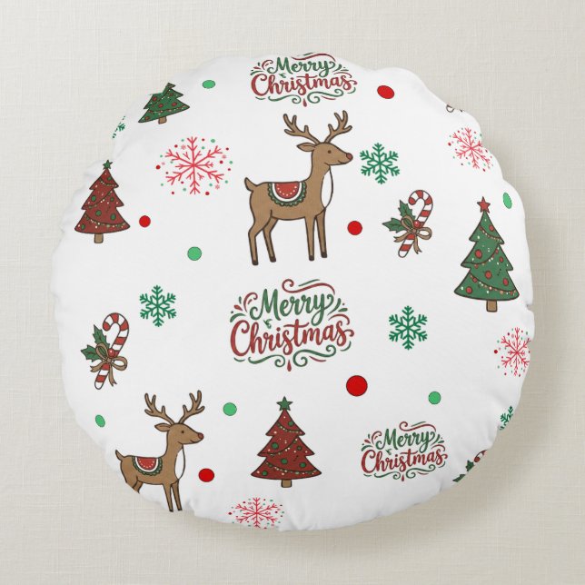 Festive Holiday Cartoon Reindeer Red Green Throw P Round Pillow (Front)