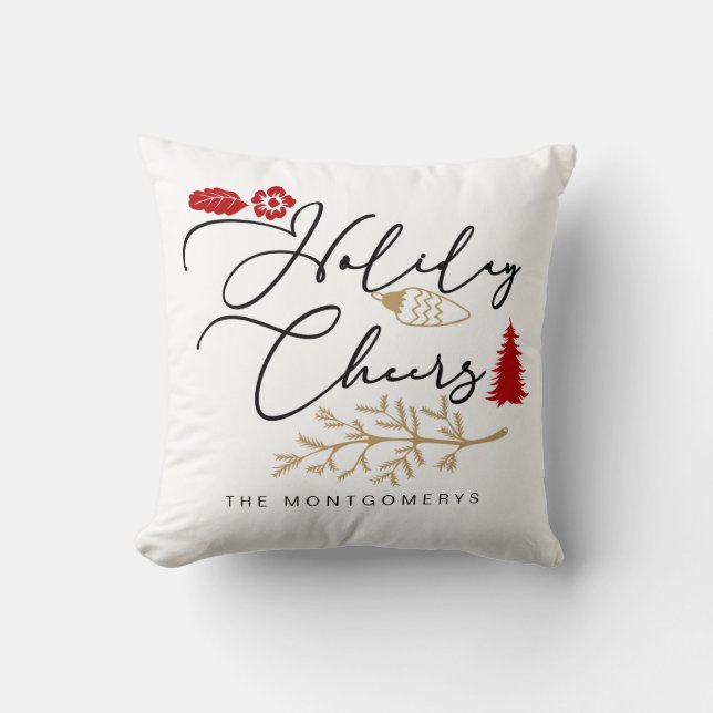 Festive Holiday Cheers Red Holly Christmas Throw Pillow (Front)