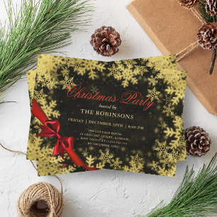 Festive Holiday Christmas Gold & Red Ribbon Black Invitation