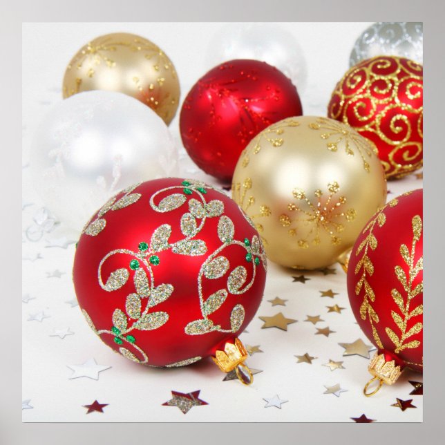 Festive Holiday Christmas Ornaments Background Poster (Front)