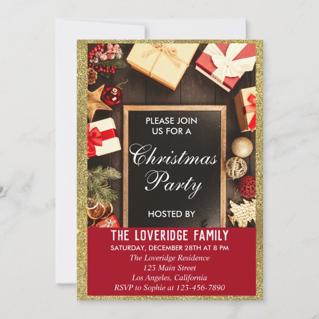 Festive Holiday Christmas Party Red & Gold Glitter Invitation (Front)