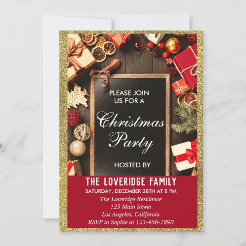 Festive Holiday Christmas Party Red  Gold Glitter Invitation