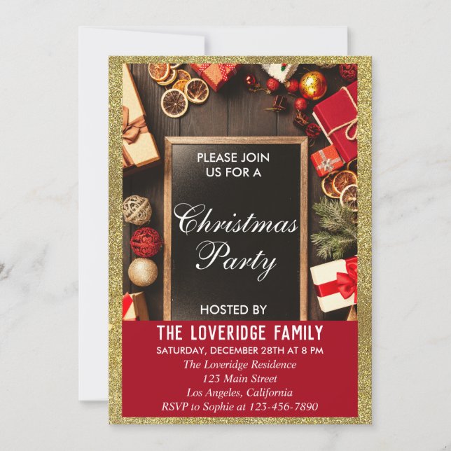Festive Holiday Christmas Party Red & Gold Glitter Invitation (Front)
